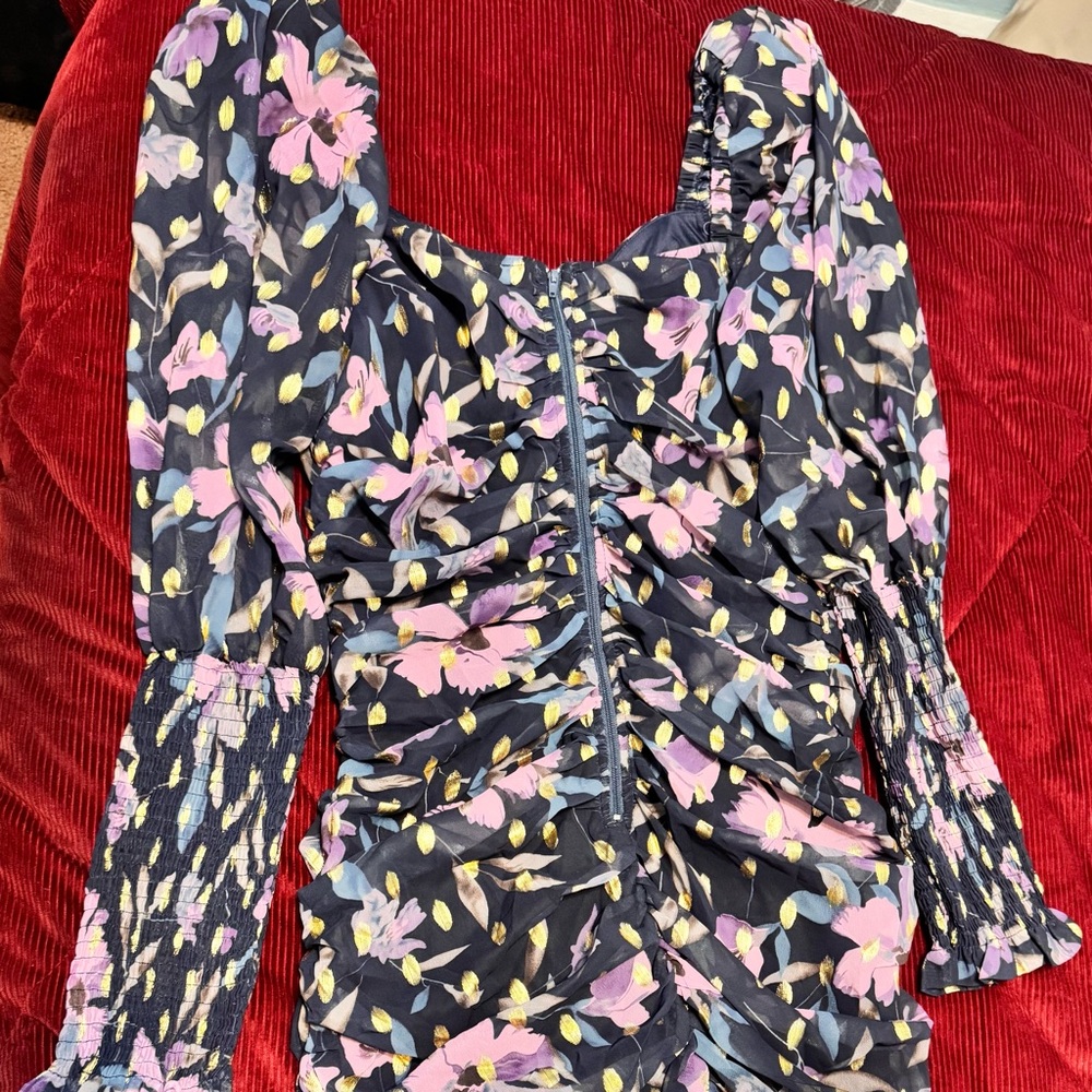 Fashion Nova  Floral Ruched Long puff Sleeve Dress